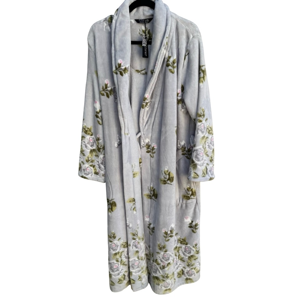 Noire Jasmine Rose Grey Floral Plush Fleece Robe Shawl Collar Large NEW NO BELT